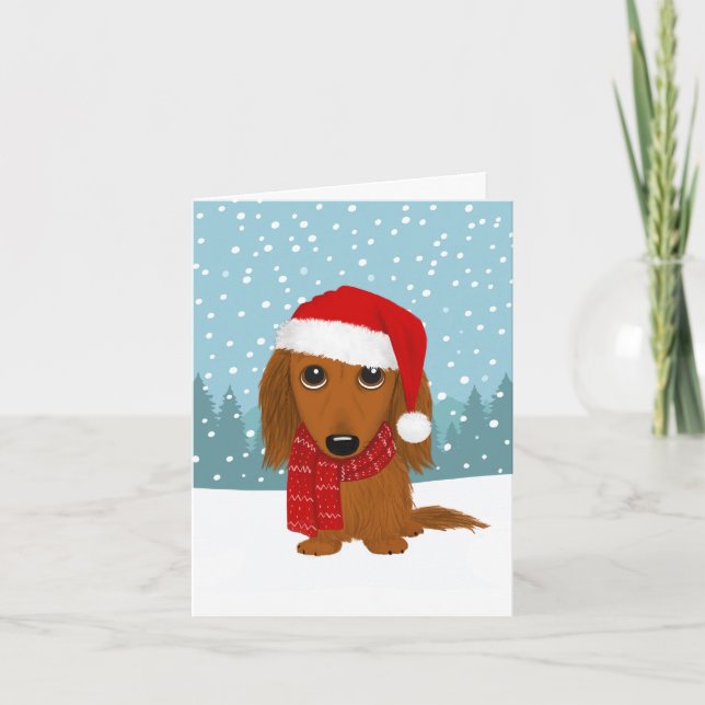 Longhaired Dachshund Santa Wiener Dog Christmas Holiday Card (Front)