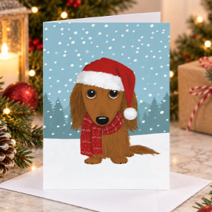 Longhaired Dachshund Santa Wiener Dog Christmas Holiday Card