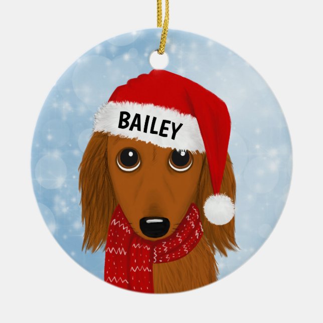 Longhaired Dachshund Santa Wiener Dog Custom Name Ceramic Ornament (Front)