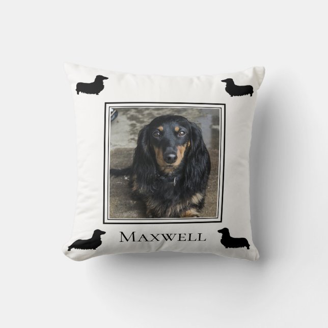 Longhaired Dachshund Silhouette Photo Personalised Cushion (Front)
