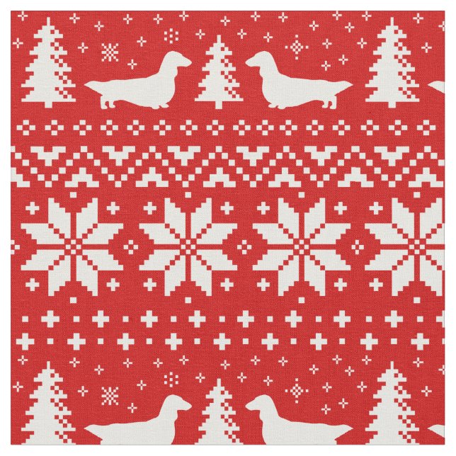 Longhaired Dachshund Silhouettes Christmas Pattern Fabric (Close Up)