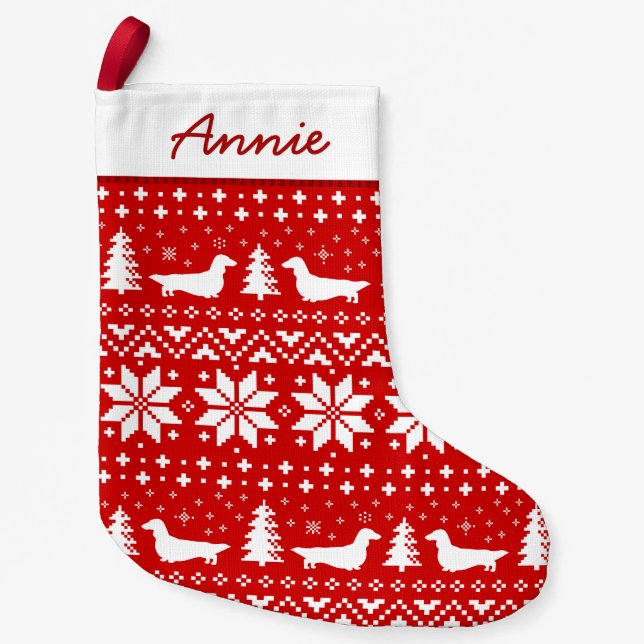 Longhaired Dachshund Silhouettes Pattern Red Small Christmas Stocking (Front)