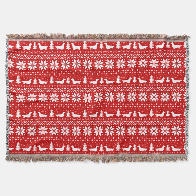 Longhaired Dachshunds Christmas Sweater Pattern Throw Blanket (Front)
