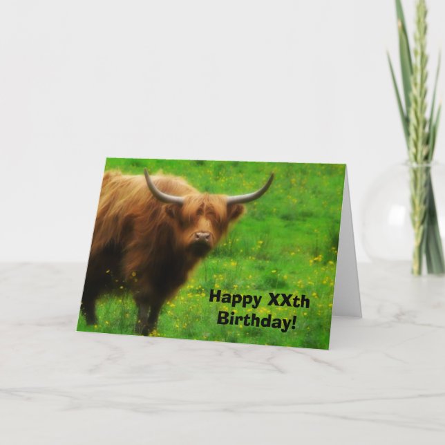 Longhaired Highland Cow with Long Horns Card (Front)