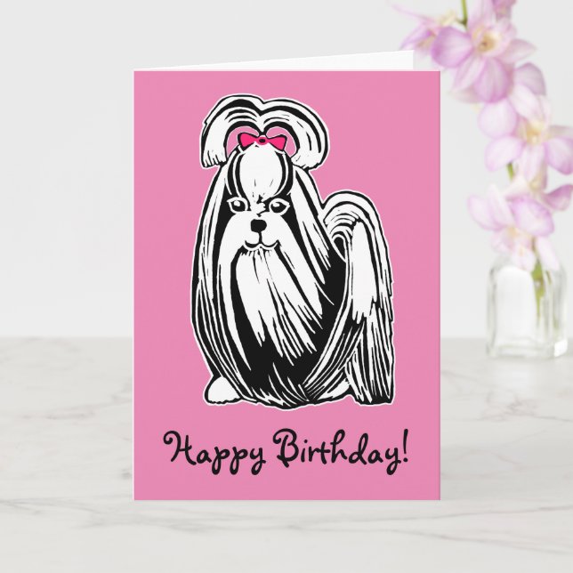 Longhaired Shih Tzu Dog Pink Happy Birthday Card (Orchid)