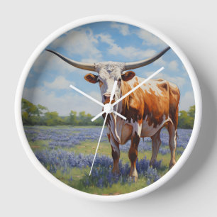 Longhorn and Bluebonnets Wall Clock