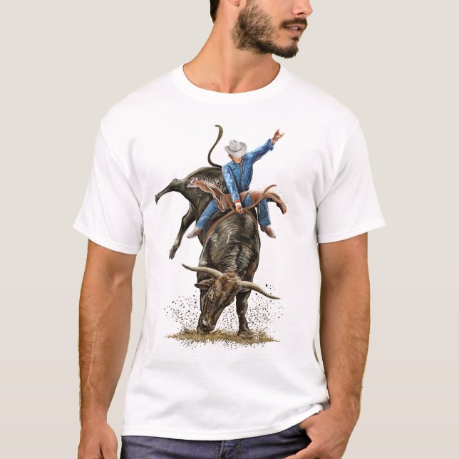 Longhorn Bull Rider Rodeo Power Sport Western Art T-Shirt (Front)