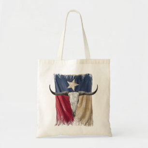 Longhorn Bull Skull Distressed Worn Texas Flag Tote Bag