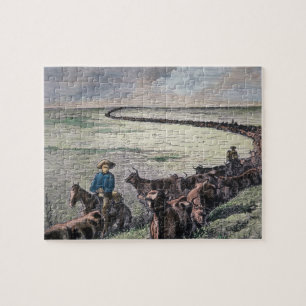 Longhorn cattle drive from Texas to Abilene, Kansa Jigsaw Puzzle