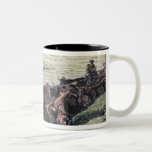 Longhorn cattle drive from Texas to Abilene, Kansa Two-Tone Coffee Mug (Right)