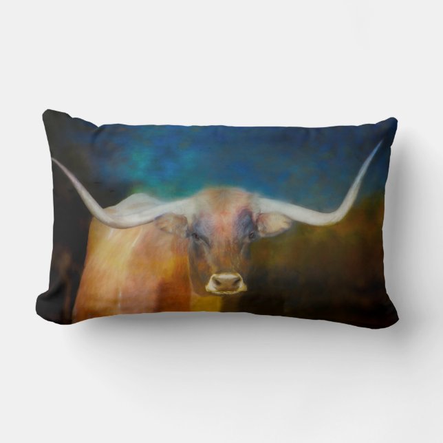 Longhorn Cow art on blue and brown  Lumbar Cushion (Front)