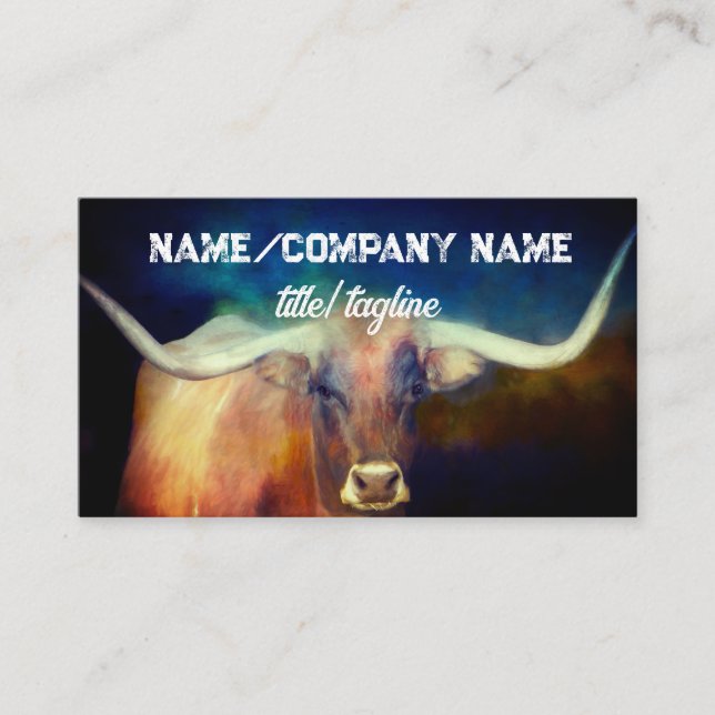 longhorn cow photo art blue and brown country    business card (Front)