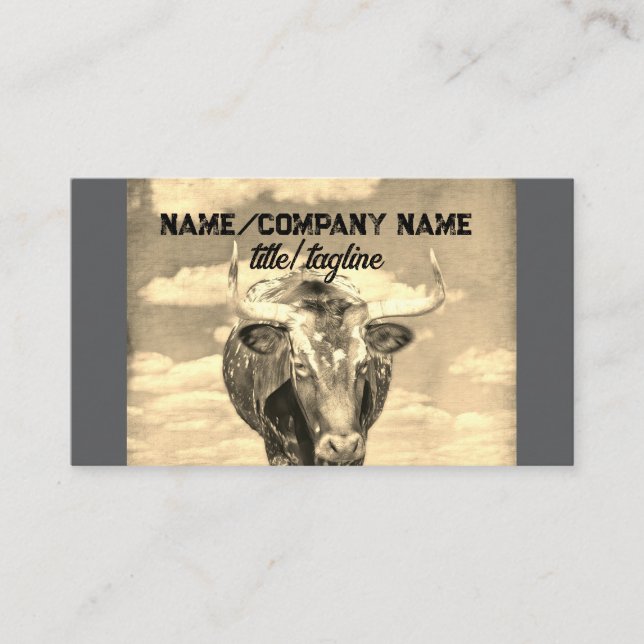 longhorn cow rustic country sepia tones  business card (Front)