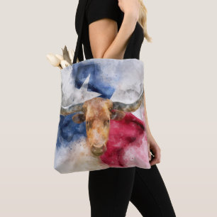 Longhorn cow with Texas Flag Map Watercolor Tote Bag