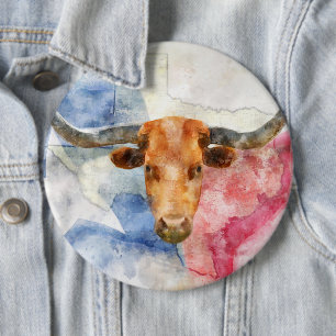 Longhorn cow with Texas map and Flag Watercolor 6 Cm Round Badge
