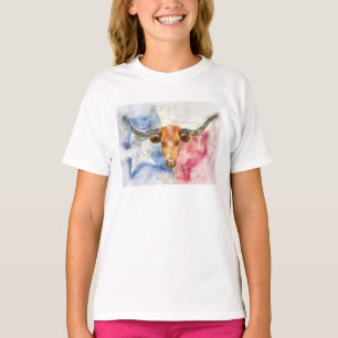 Longhorn cow with Texas map and Flag Watercolor T-Shirt