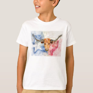 Longhorn cow with Texas map and Flag Watercolor T-Shirt