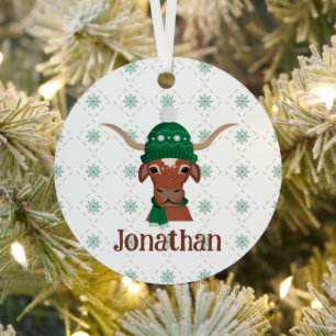 Longhorn in Green Ski Cap and Scarf Photo Metal Tree Decoration