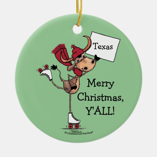 Longhorn Roller Skating-Merry Christmas Y'all! Ceramic Ornament (Front)