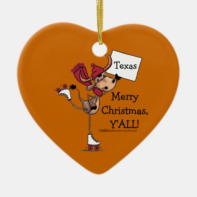 Longhorn Roller Skating-Merry Christmas Y'all! Ceramic Ornament (Front)