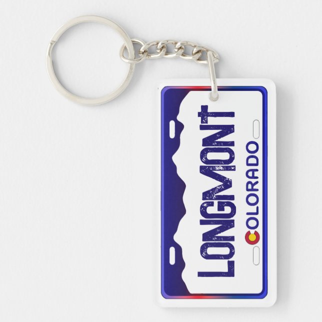 Longmont Colorado blue license plate keychain (Front)