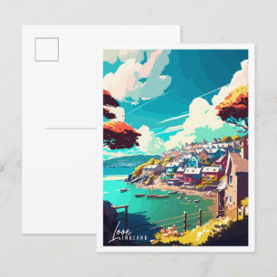 Looe England vintage travel illustration Postcard