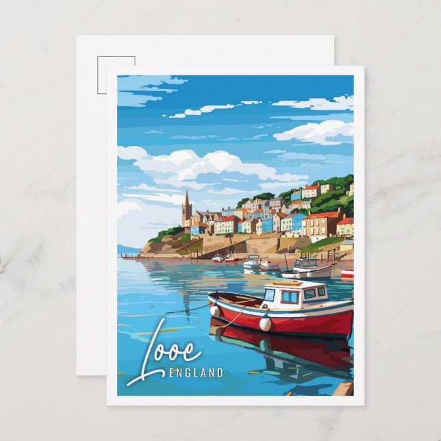 Looe England vintage travel illustration Postcard (Front/Back)