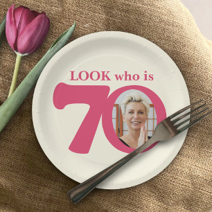 Look 70th birthday photo cream pink paper plate