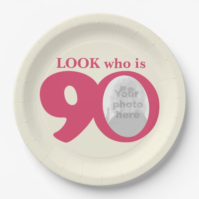 Look 90th birthday photo cream pink paper plate (Front)
