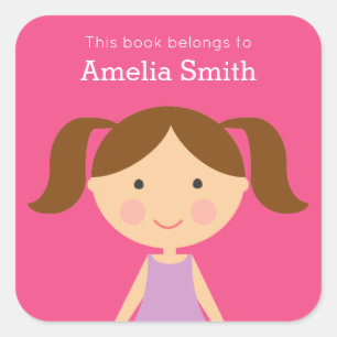 Look-Alike Girl Brunette Ponytails Bookplates Square Sticker
