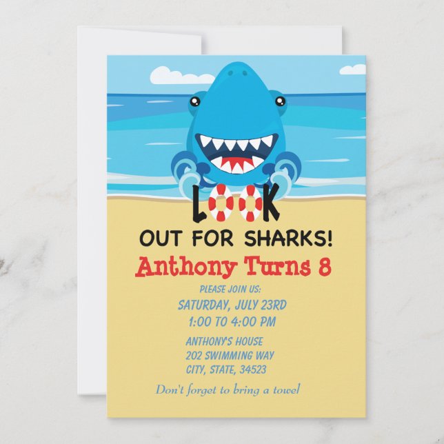 Look Out For Sharks...Beach Birthday Invitation (Front)