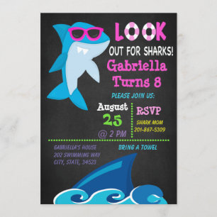 Look Out For Sharks .Girls Pool Party  Invitation