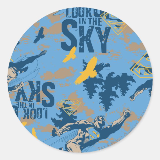 Look, up in the sky in blue classic round sticker (Front)