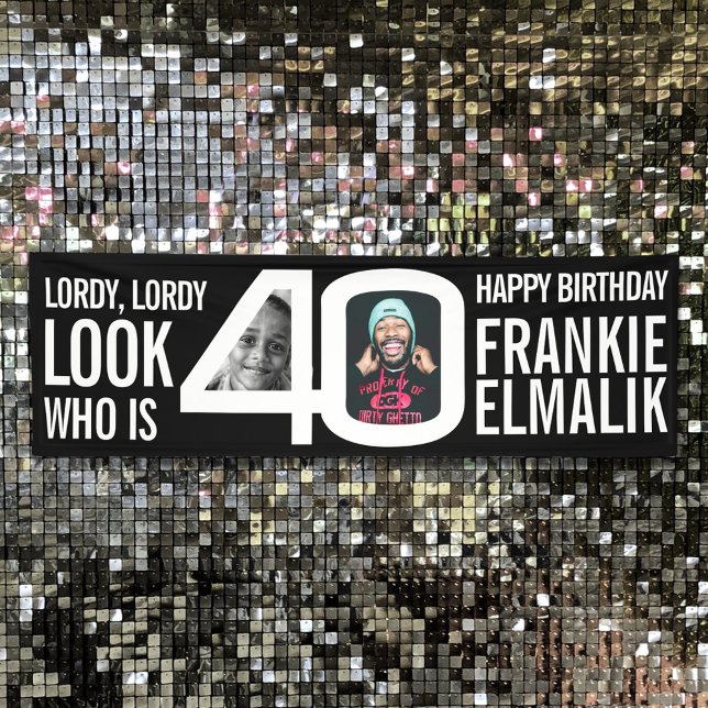 Look who 40 40th birthday party photo black white banner (Creator Uploaded)