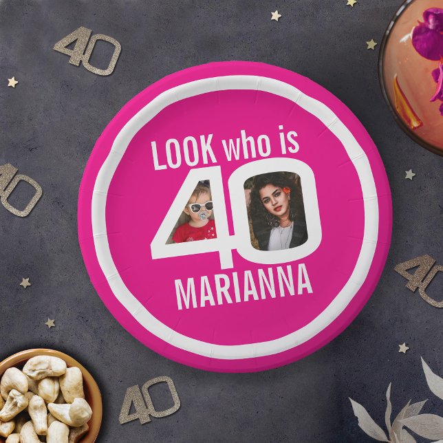 Look who 40th birthday 2 photo white pink party paper plate (Creator Uploaded)