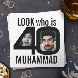 Look who is 40th birthday 2 photos black party napkin