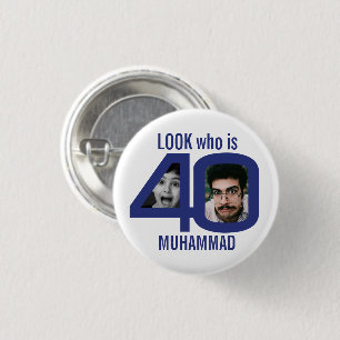 Look who is 40th birthday 2 photos blue party 3 cm round badge