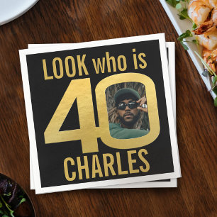Look who is 40th birthday photo black gold party napkin
