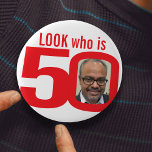 Look who is 50 photo red and white pin badge<br><div class="desc">Celebrate a 50th Birthday with this fun look who is 50 photo badge/button. Personalise this age badge with a photograph of the birthday boy or girl. Great idea for adding some fun to a birthday party. Can be used to show baby photos or other fun or embarrassing photos over your...</div>