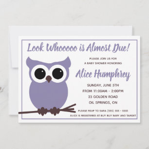 Look Who is Almost Due!  Purple Owl Baby Shower Invitation