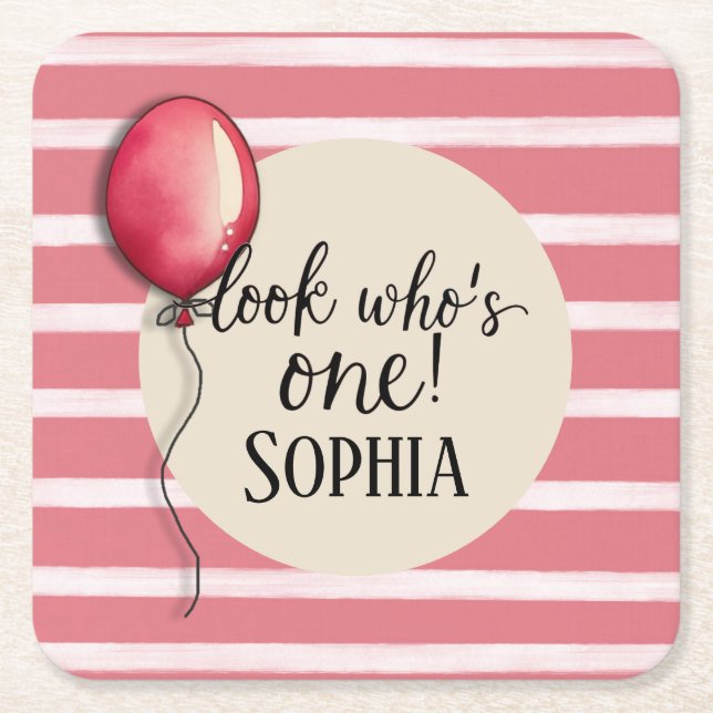 Look who’s one birthday  square paper coaster (Front)