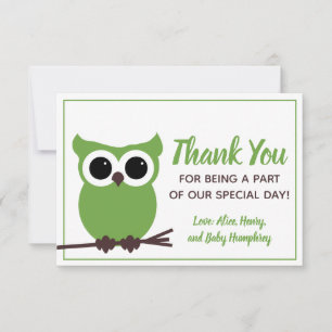 Look Whooo is Almost Due! Green Owl Thank You Card