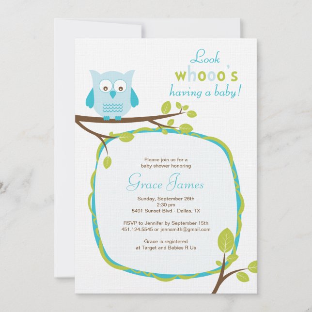 Look whooo's having a baby - Blue owl baby shower Invitation (Front)