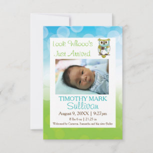 Look Whooo's Just Arrived - 3x5Birth Announcement. Announcement