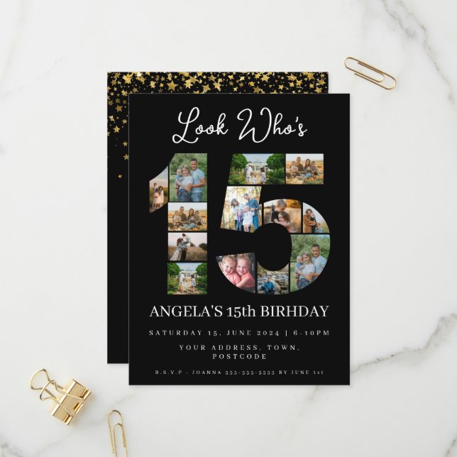 look who's 15 Photo Collage quinceanera invite (Front/Back In Situ)