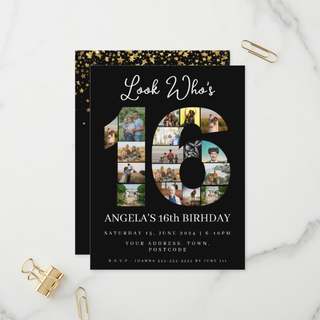 look who's 16 sweet sixteen birthday Photo invite (Front/Back In Situ)