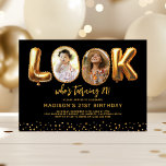 Look Who's 21 Black Gold Photo 21st Birthday Invitation<br><div class="desc">Modern 21st birthday invitation featuring a stylish black background, a fun "look who's turing 21!" design with the two Os swapped for before and after photos, and a shimmering gold glitter border at the bottom. The easy-to-personalise text template makes customising your event details simple. Set the scene for a sophisticated...</div>