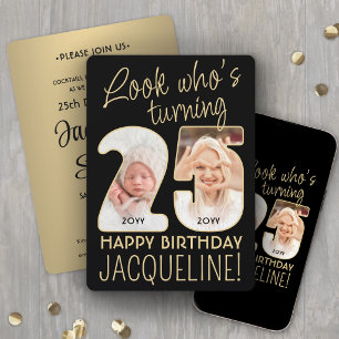 Look Who's 25 Black & Gold Birthday Party 2 Photo Invitation