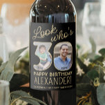 Look Who's 30 Black & Gold 2 Photo Birthday Party Wine Label<br><div class="desc">Look who's 30! Add an elegant personalised touch to 30th birthday party decorations for him or her with custom photo black and gold wine bottle labels. The pictures and wording on this template are simple to customise. (IMAGE PLACEMENT TIP: An easy way to position a photo exactly how you want...</div>