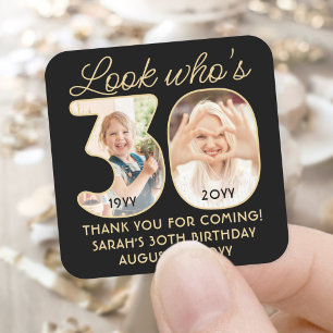 Look Who's 30 Black & Gold Birthday Party 2 Photo Square Sticker